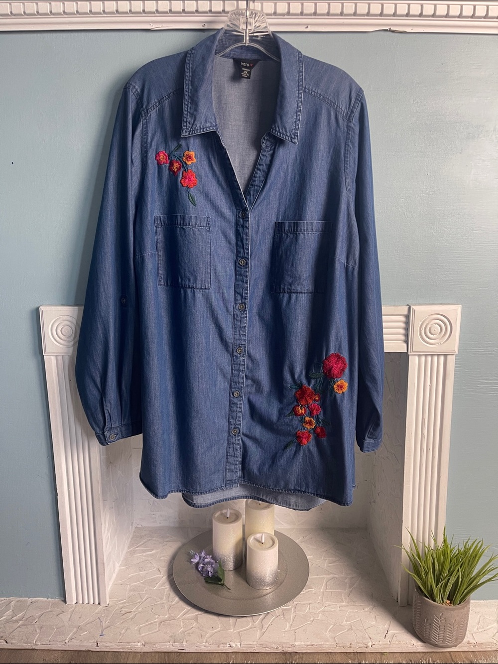 intro. Chambray Button-Up Shirt - Blue with Red Embroidered Floral Accents